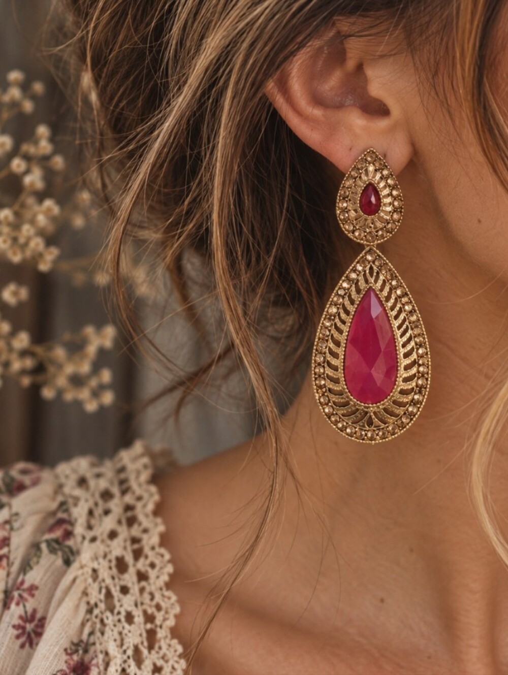 NEW Indian Kundan Style Ruby Red Champagne Gold Teardrop Statement Earrings